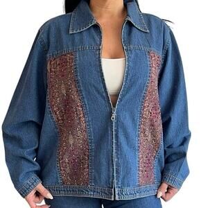 Units Vintage Denim Jacket XL Blue Tapestry Panel Zip Front Boho Western 90s